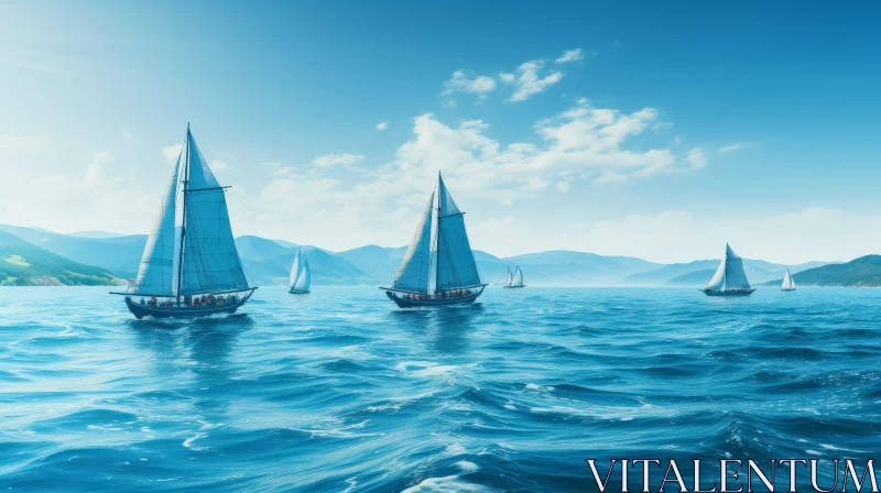 Tranquil Seascape with Sailing Boats and Mountains AI Image
