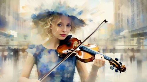 Young Woman Playing Violin in Blue Dress