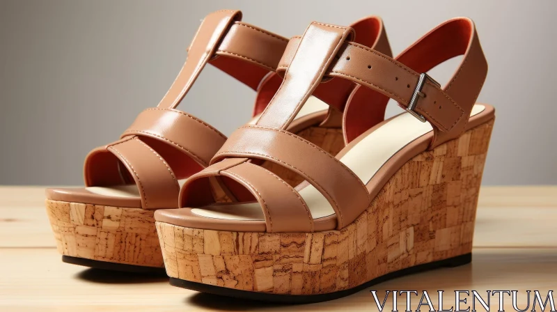 Brown Leather Wedge Sandals with T-Strap Design AI Image