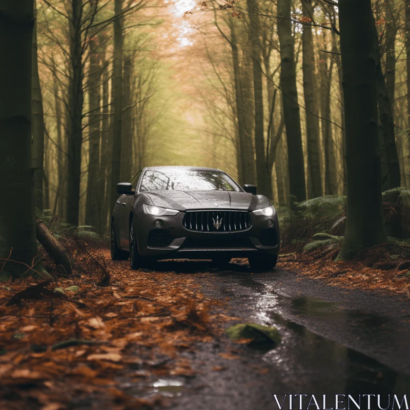 Captivating Black Maserati Driving through Wet Autumn Leaves | Powerful and Emotive Portraiture AI Image