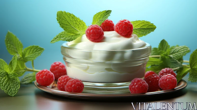 AI ART Delicious Yogurt with Raspberries and Mint in Glass Bowl