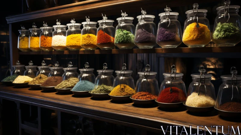 Exquisite Spice Display: Wooden Shelves & Glass Jars AI Image