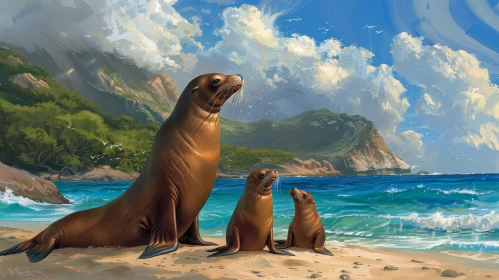 Family of Seals on Beach Painting - Nature Artwork