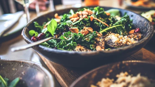 Fresh and Healthy Kale Salad on Wooden Table