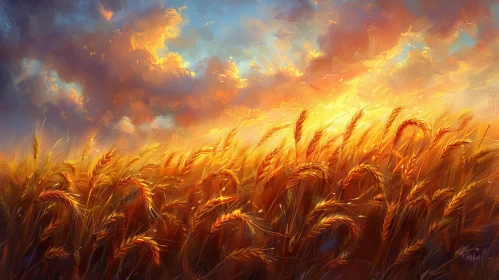 Golden Wheat Field Sunset Painting