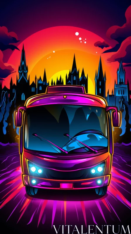 Night City Bus Neon Lights Illustration AI Image