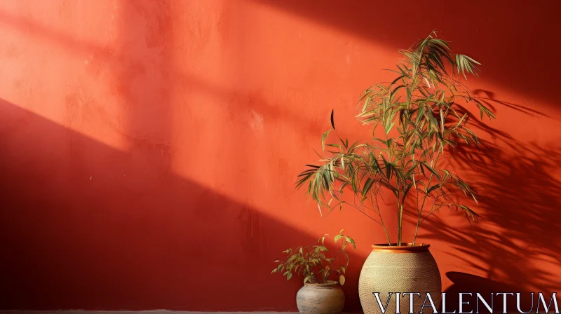 Potted Plants Still Life Against Red Wall AI Image