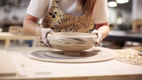 Potter Crafting Handmade Bowl on Spinning Wheel