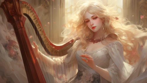 Serene Woman Playing Harp in Ornate Room