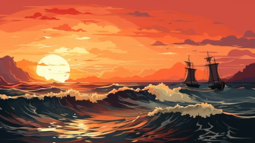Tranquil Sunset Seascape with Ships