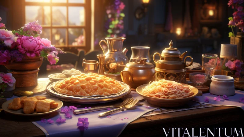 Warm Still Life Table Setting with Pie and Pasta AI Image