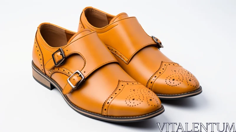 AI ART Brown Leather Double Monk Strap Shoes with Brogue Detailing