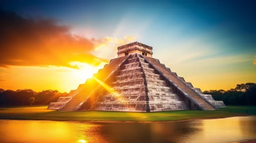 Chichen Itza Pyramid at Sunset in Mexico