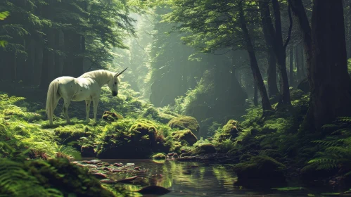 Enchanting Unicorn in Forest by River