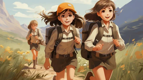 Happy Girls Hiking in Mountain Landscape
