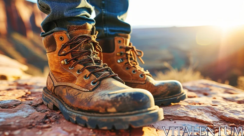 Man in Jeans and Boots Standing on Desert Rock at Sunset AI Image