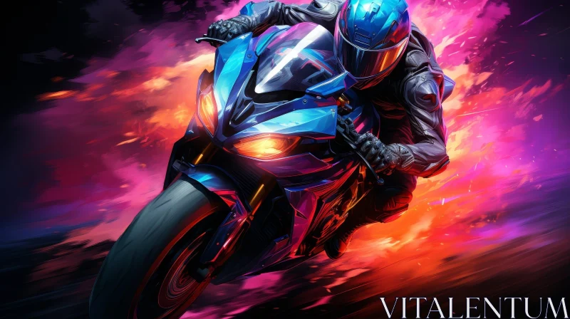 Man Riding Blue Sport Motorcycle in Colorful Abstract Background AI Image