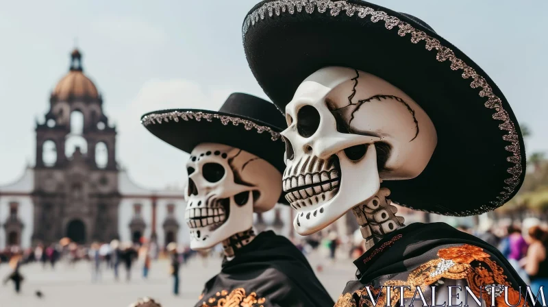 Mexican Skeletons in Plaza: Traditional Sombreros AI Image