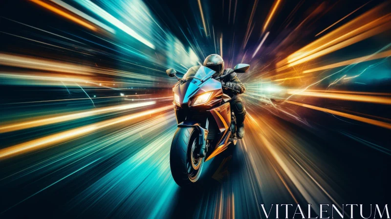 Speed Demon: Motorcyclist in Black and Yellow Suit Riding Blue and Orange Motorcycle AI Image