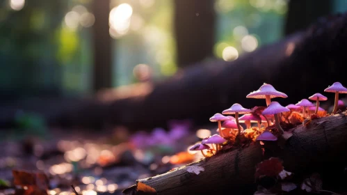 Enchanting Purple Mushrooms on Forest Log