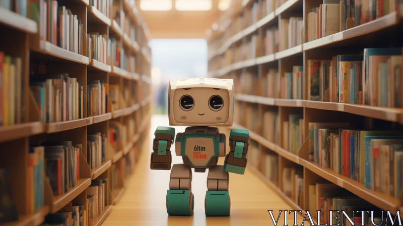 Friendly White Robot in Library AI Image