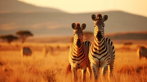 Graceful Zebras in Field at Sunset