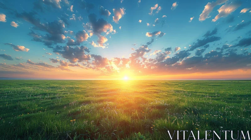 Tranquil Sunset Landscape: Green Field and Radiant Sky AI Image