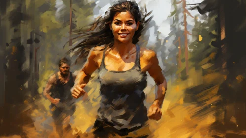 Young Woman and Man Running in Forest Painting