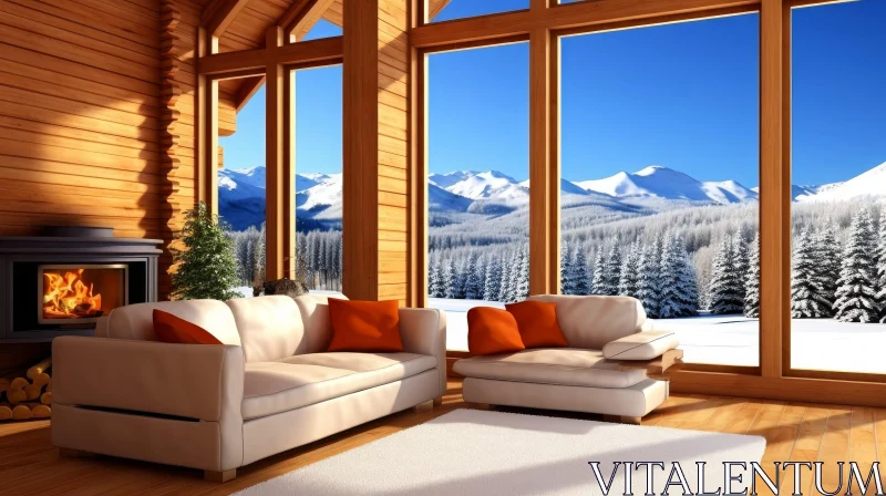 Cozy Living Room with Fireplace and Mountain View AI Image
