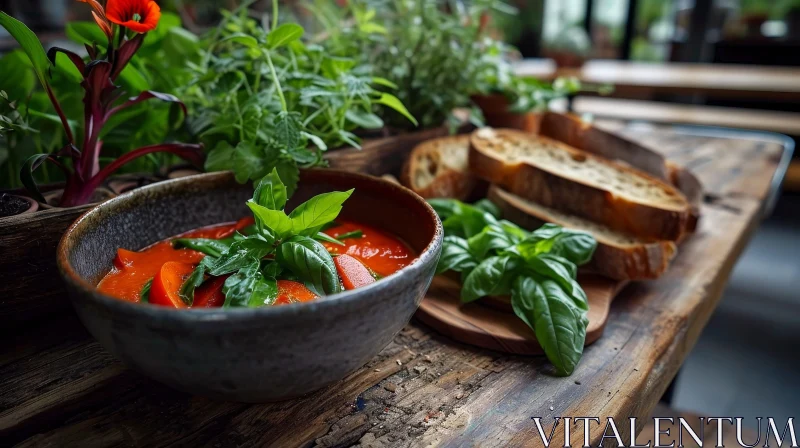 AI ART Delicious Tomato Soup with Fresh Basil on Wooden Table