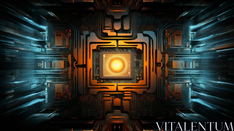 AI ART Glowing Orange CPU Circuit Board Technology Image