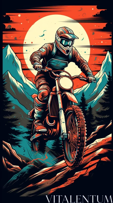 AI ART Mountain Sunset Dirt Bike Rider Illustration
