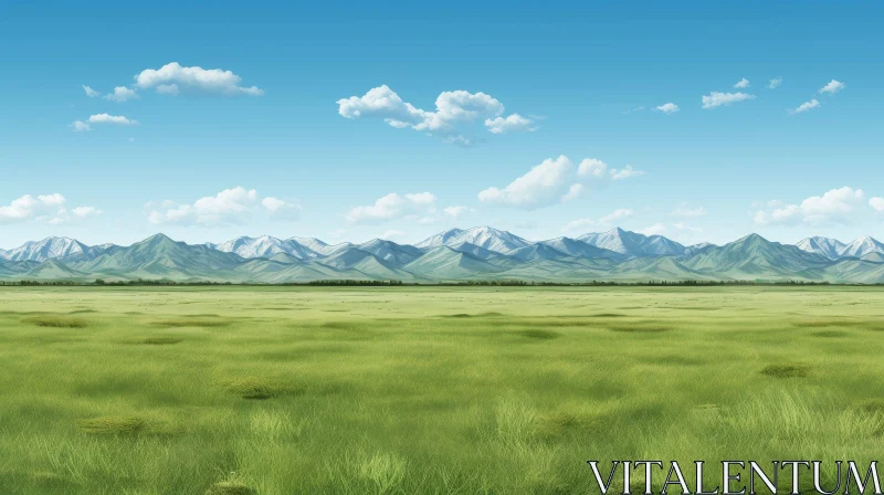 Tranquil Green Plain with Snowy Mountains AI Image