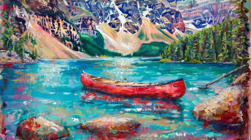Tranquil Lake Painting with Red Canoe