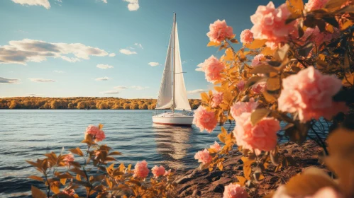 Tranquil Sailboat on Lake with Fall Trees and Pink Flowers