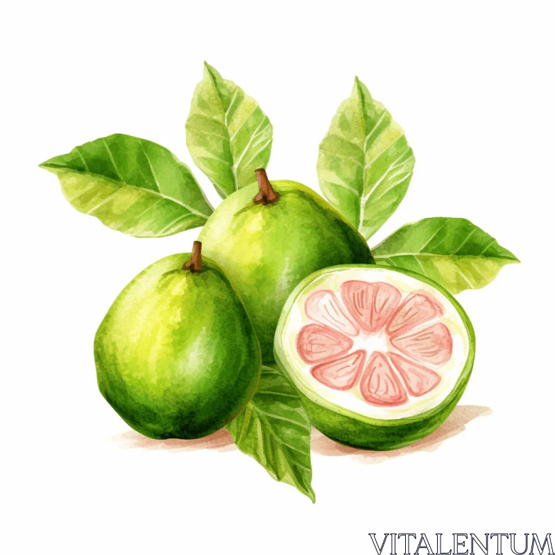 Watercolor Painting of Green Grapefruits on White Background AI Image
