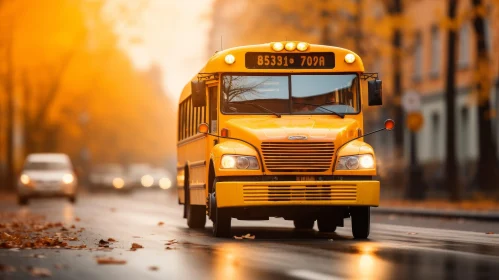 Yellow School Bus on Autumn Day
