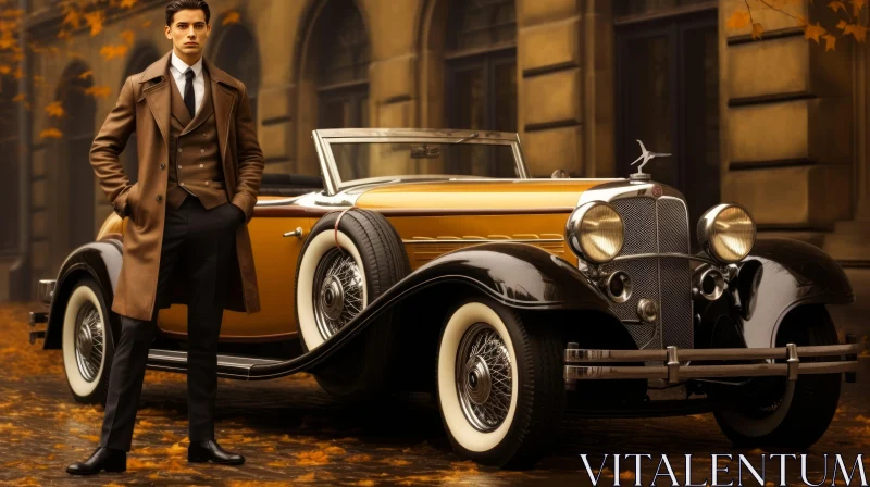 Young Man with Vintage Car on City Street AI Image