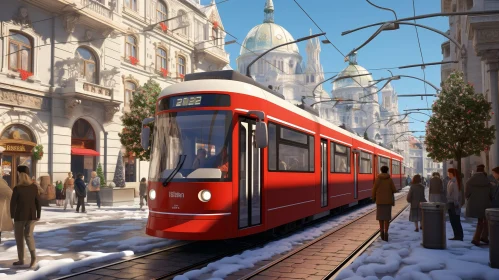 Cityscape with Christmas Tram in European City