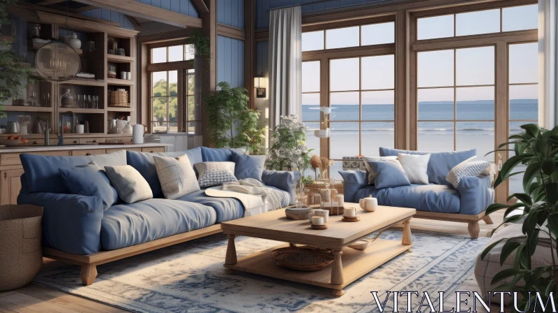 Coastal-Themed Modern Living Room with Ocean View AI Image