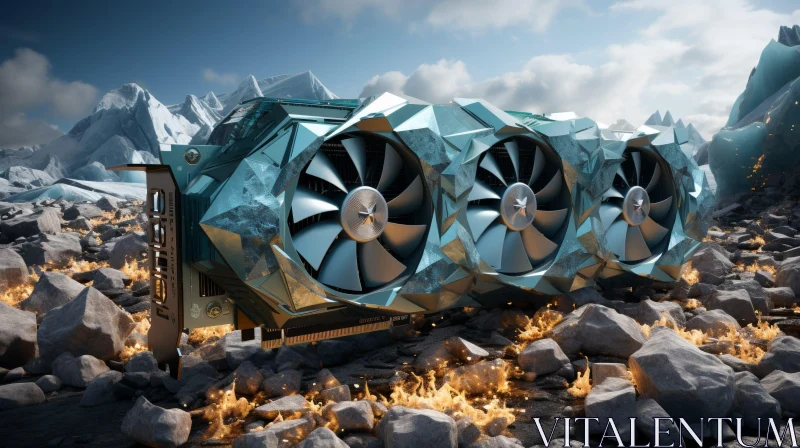 Computer Graphics Card with Fans on Rocks and Mountain Background AI Image