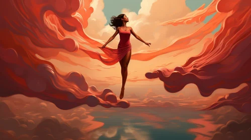 Floating Woman in Red Dress Painting