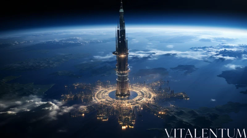 AI ART Futuristic Tower Concept Art Above Glowing City