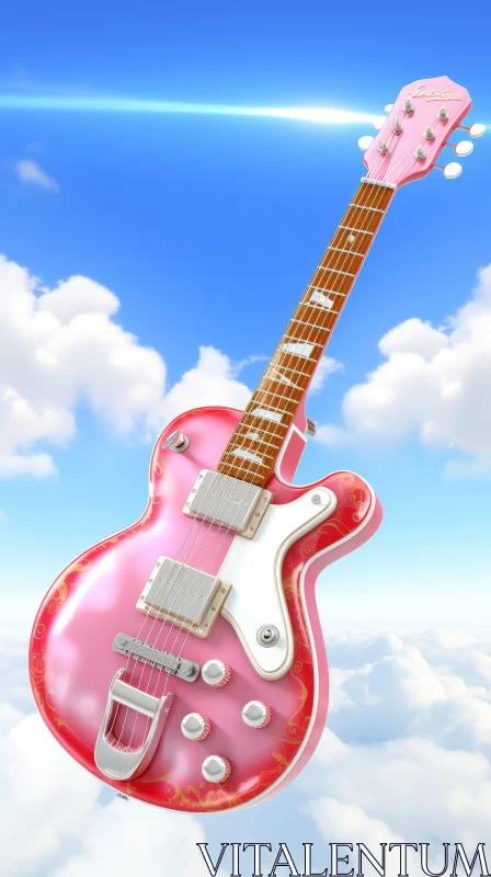 Pink Electric Guitar Floating in Sky | Stock Photo AI Image