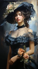 Serious Young Woman Portrait in Black Dress and Hat
