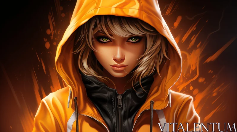 Serious Young Woman Portrait in Yellow Hoodie AI Image