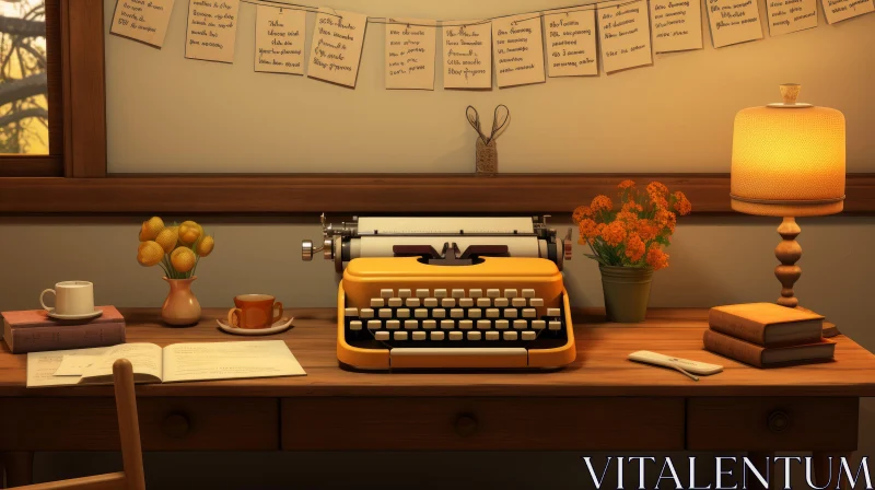 AI ART Vintage Writer's Desk with Typewriter and Flowers