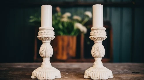 White Candlesticks on Wooden Table with Flowers