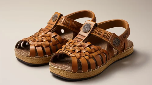 Brown Leather Sandals with Woven Pattern on Cork Sole