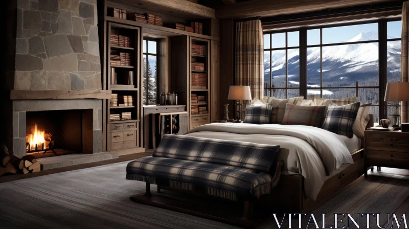 Cozy Rustic Bedroom with Fireplace and Mountain View AI Image